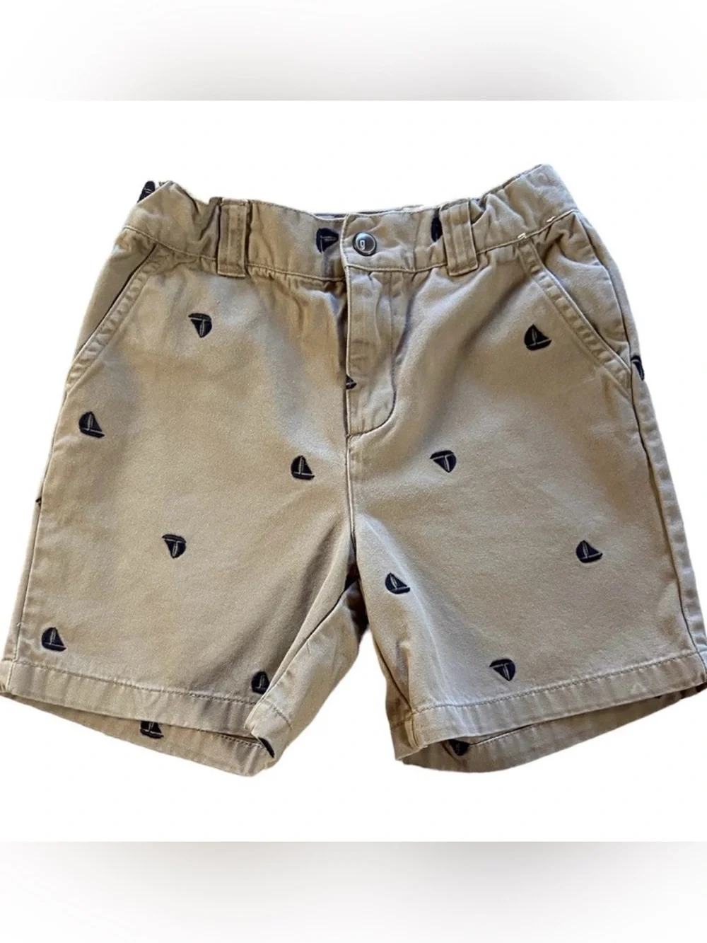 Gymboree Cotton Khaki Shorts Tan Blue Sailboat Embroidery Adjustable Waist 5T